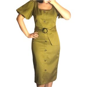 A. Calin by Flying Tomato Green Balloon Sleeve Smocked Midi Dress with Belt. S